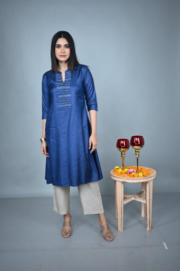 Blue Tassar Silk Kurta with Hand Embroidered Yoke and Silk Blend Pants Co-ord Set (set of 2)