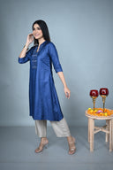 Blue Hand Embroidered Tassar Silk Kurta Set (set of 2)