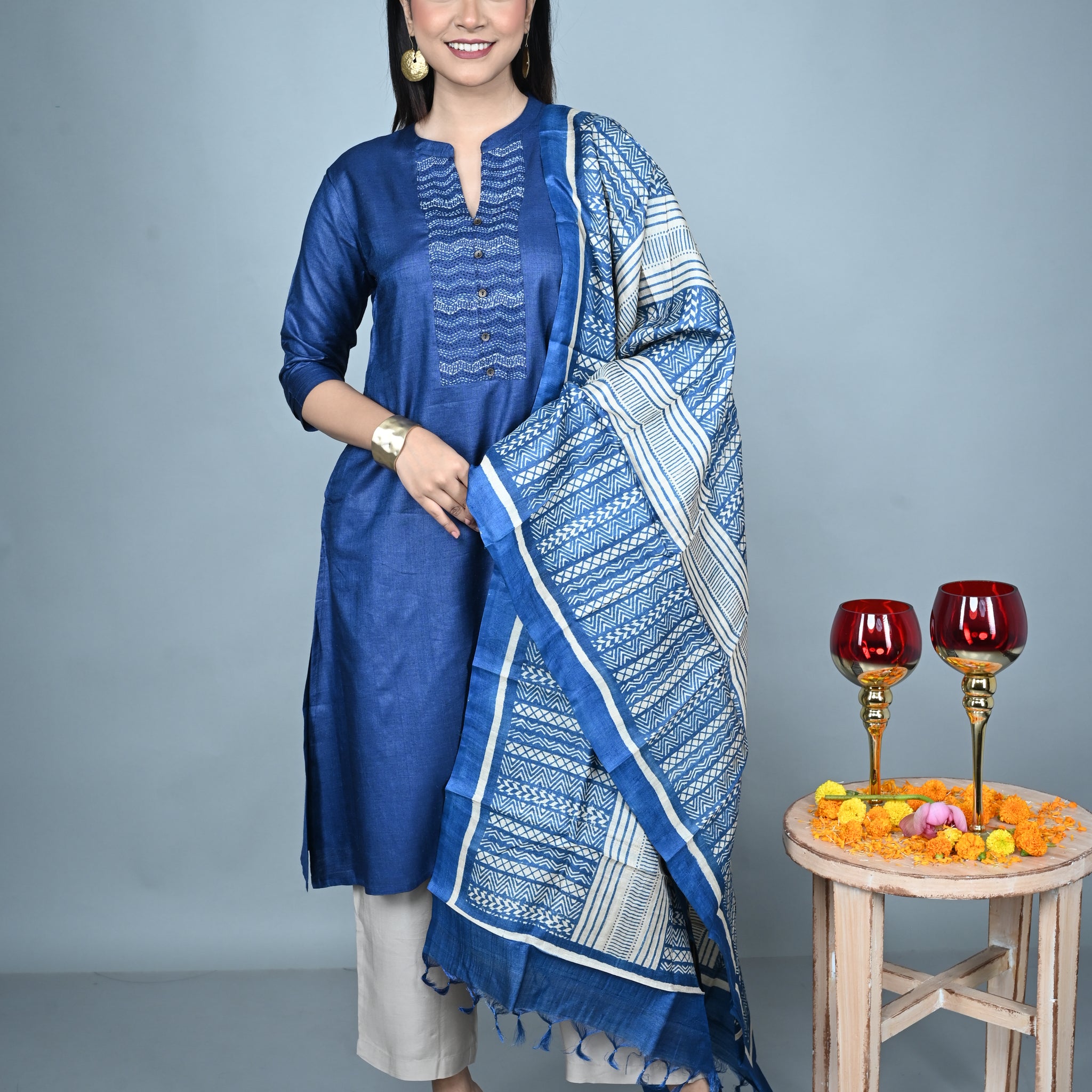Blue & White Tassar Silk Dupatta with Hand Block Print
