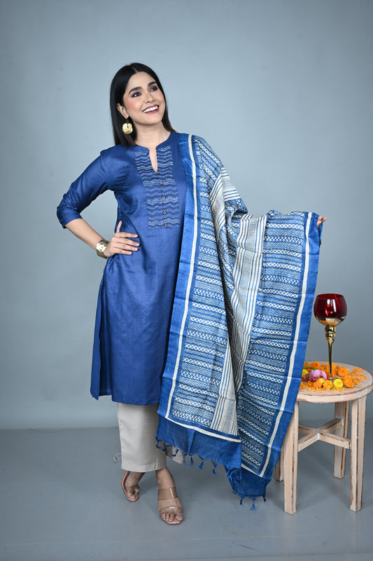 Blue & White Tassar Silk Dupatta with Hand Block Print