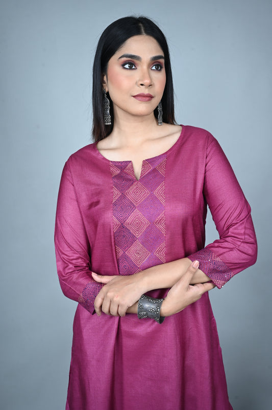 Fuchsia Pink Tassar Silk Kurta with Hand Embroidered Yoke and Grey Silk Blend Pants Co-ord Set (set of 2)