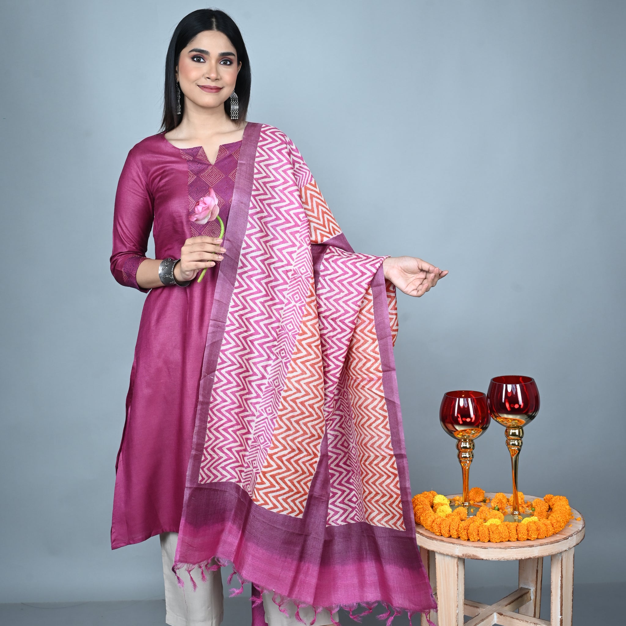 Pink Tassar Silk Dupatta with Hand Block Printing