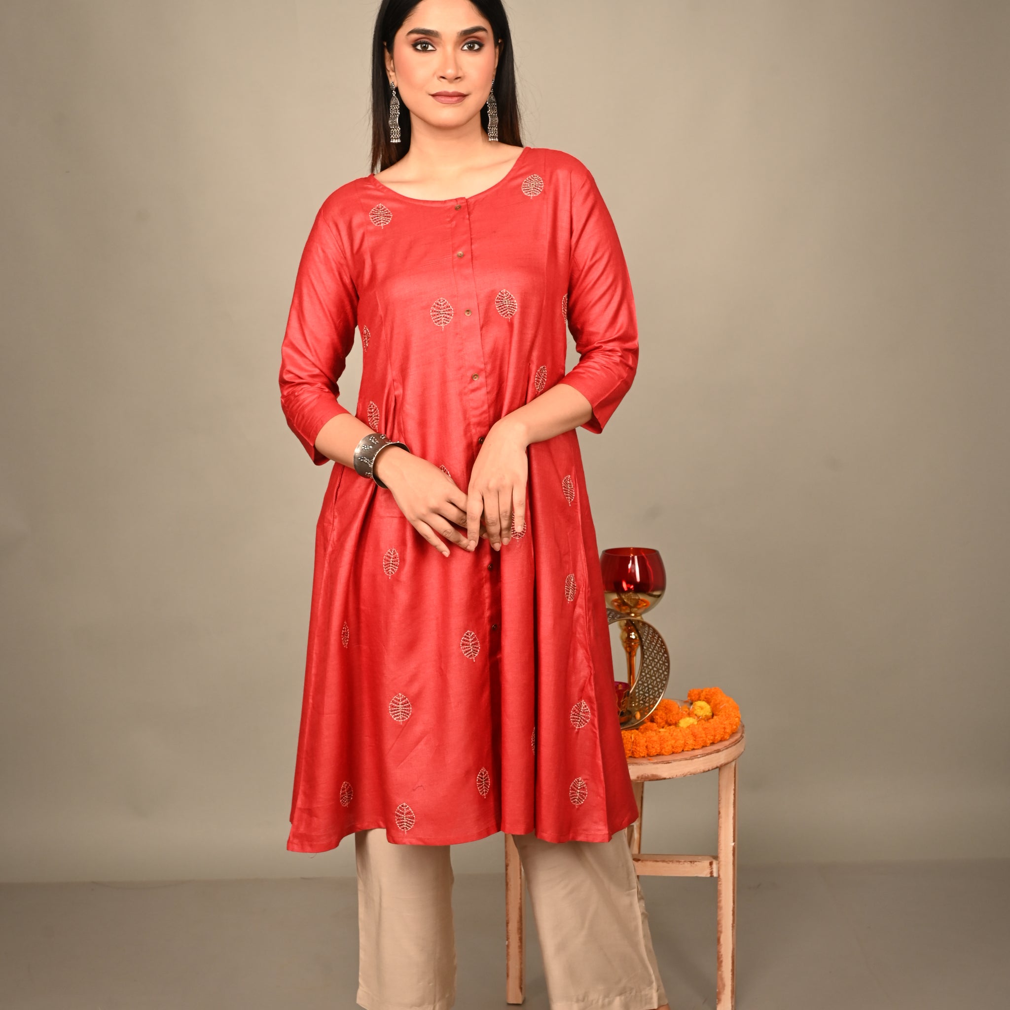 Red tassar Silk Kurta with Floral Hand Embroidery All Over and Grey Silk Blend Pants Co-ord Set (set of 2)
