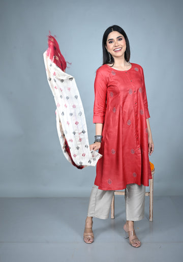 Red & White Tassar Silk Stole with Hand Embroidery