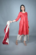Red All-Over Hand Embroidered Tassar Silk Kurta Set (set of 2)