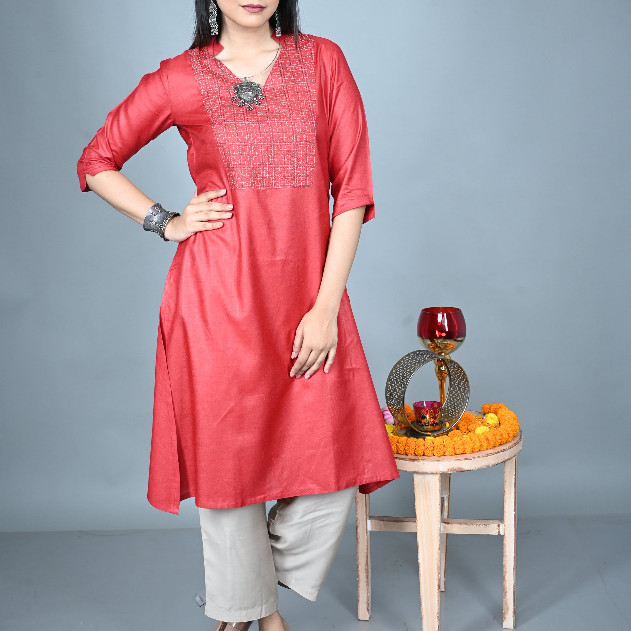 Terracotta Red Tassar Silk Kurta with Hand Embroidered Yoke and Grey Silk Blend Pants Co-ord Set (set of 2)