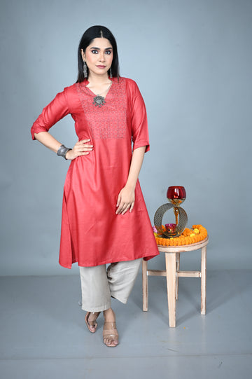 Terracotta Red Tassar Silk Kurta with Hand Embroidered Yoke and Grey Silk Blend Pants Co-ord Set (set of 2)