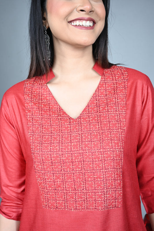Terracotta Red Tassar Silk Kurta with Hand Embroidered Yoke and Grey Silk Blend Pants Co-ord Set (set of 2)