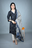 Black Silk Slub Kurta with Hand Embroidery All Over