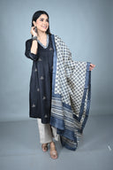 Black Silk Slub Kurta with Hand Embroidery All Over