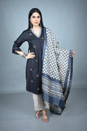 Black Silk Slub Kurta with Hand Embroidery All Over