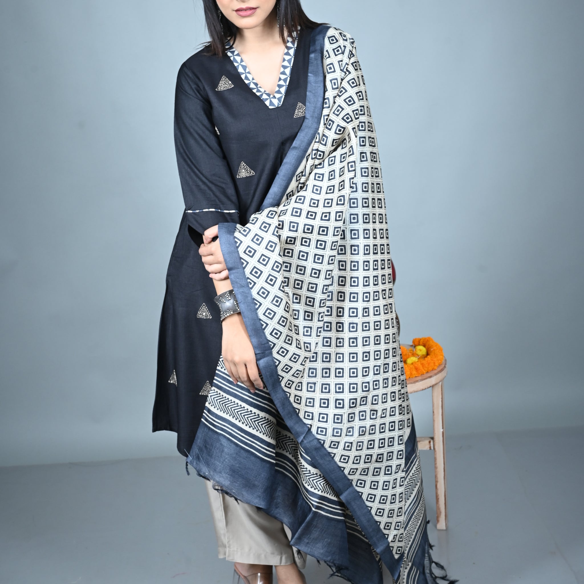 Black Silk Slub Kurta with Hand Embroidery All Over