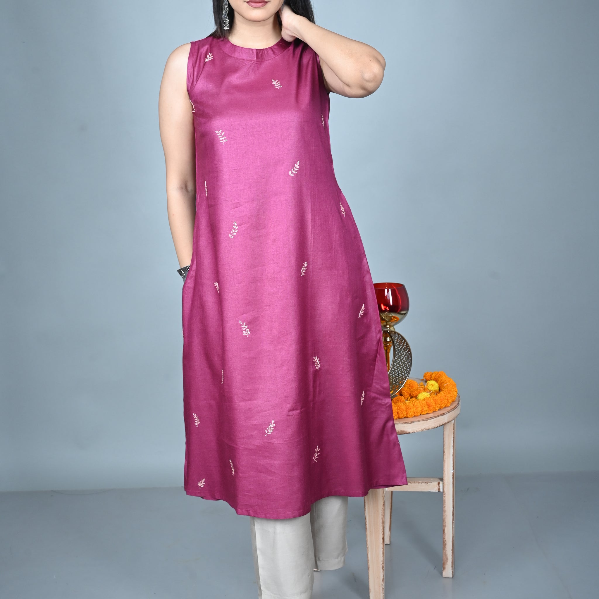 Purple Tassar A-Line Kurta with Leaf Hand Embroidery All over and Grey Silk Blend Pants Co-ord Set (set of 2)