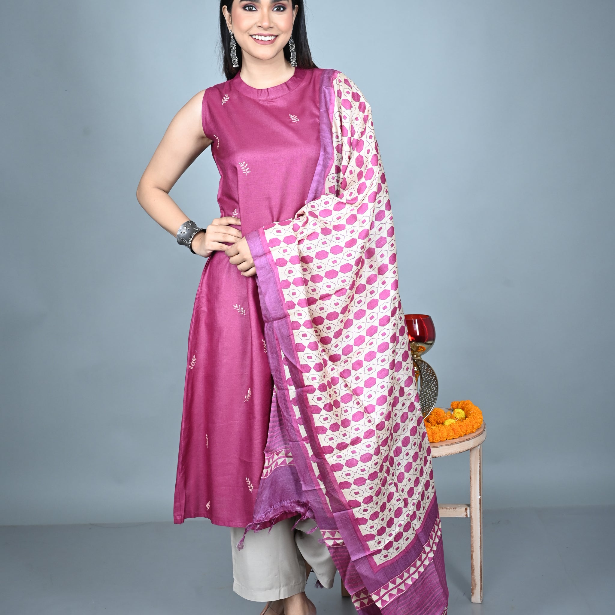 Fuchsia Pink Tassar Dupatta with Hand Block Printing