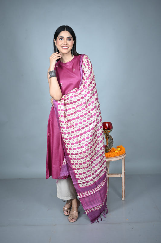 Fuchsia Pink Tassar Dupatta with Hand Block Printing