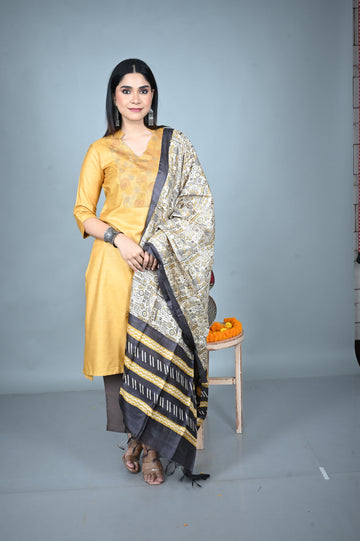 Beige Tassar Dupatta with Hand Block Printing