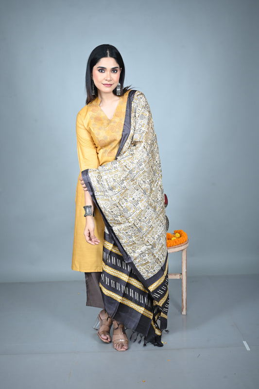 Beige Tassar Dupatta with Hand Block Printing