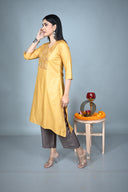 Yellow Hand Embroidered Tassar Silk Kurta Set (Set of 2)