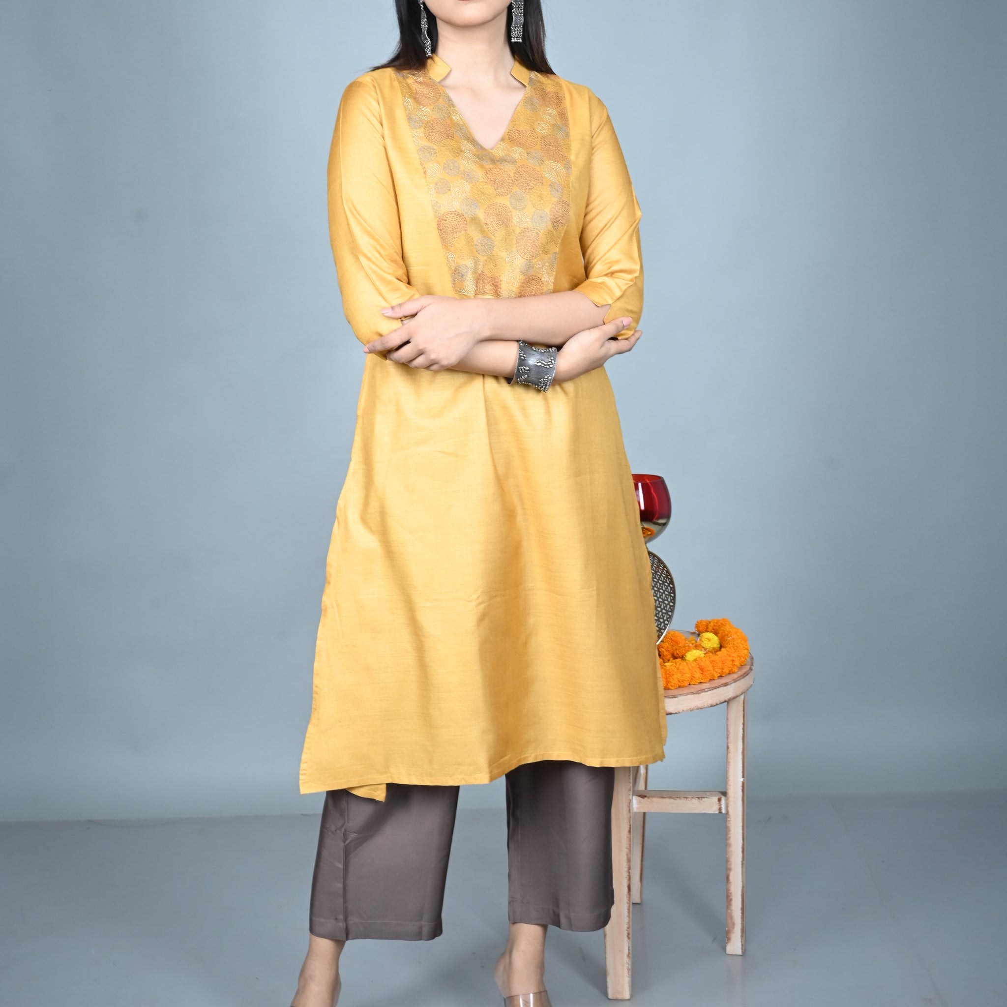 Yellow Tassar A-Line Kurta with Hand Embroidered Yoke and Mud Brown Silk Blend Pants Co-ord Set (set of 2)
