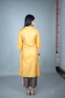 Yellow Hand Embroidered Tassar Silk Kurta Set (Set of 2)