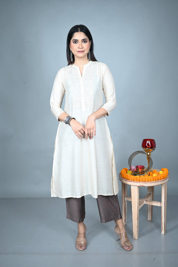 White tassar A-Line Kurta with Hand-Embroidered Yoke Co-ord Set (Set of 2)
