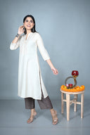 White Hand Embroidered Tassar Silk Kurta Set (Set of 2)