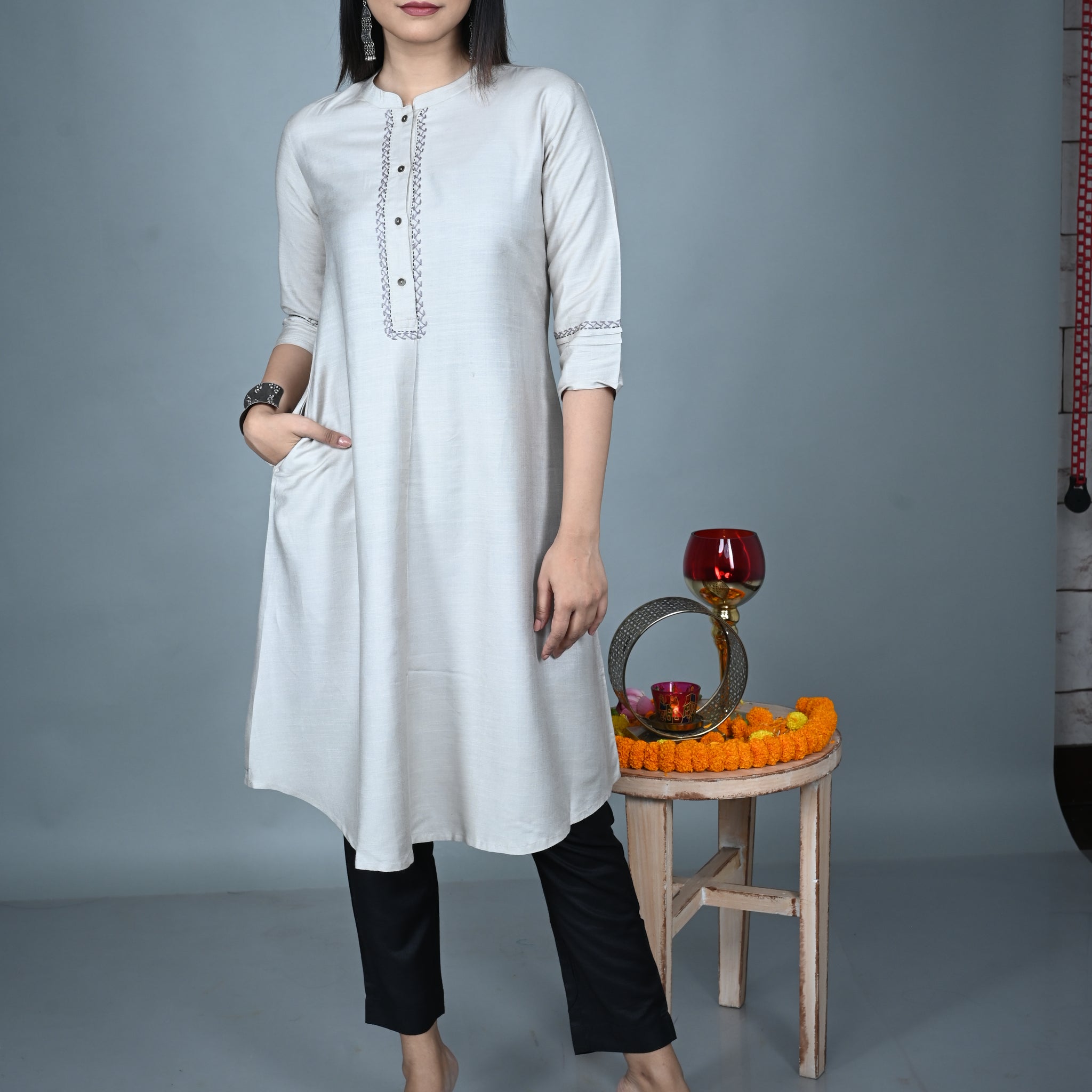 Ivory Silk Slub A-Line Kurta with Hand Embroidery and Black Silk Slub Pants Co-ord Set (set of 2)