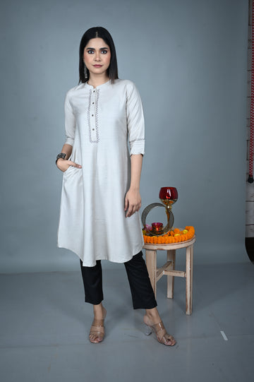 Ivory Silk Slub A-Line Kurta with Hand Embroidery and Black Silk Slub Pants Co-ord Set (set of 2)