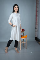 Ivory Hand Embroidered Silk Slub A-Line Kurta Set (set of 2)