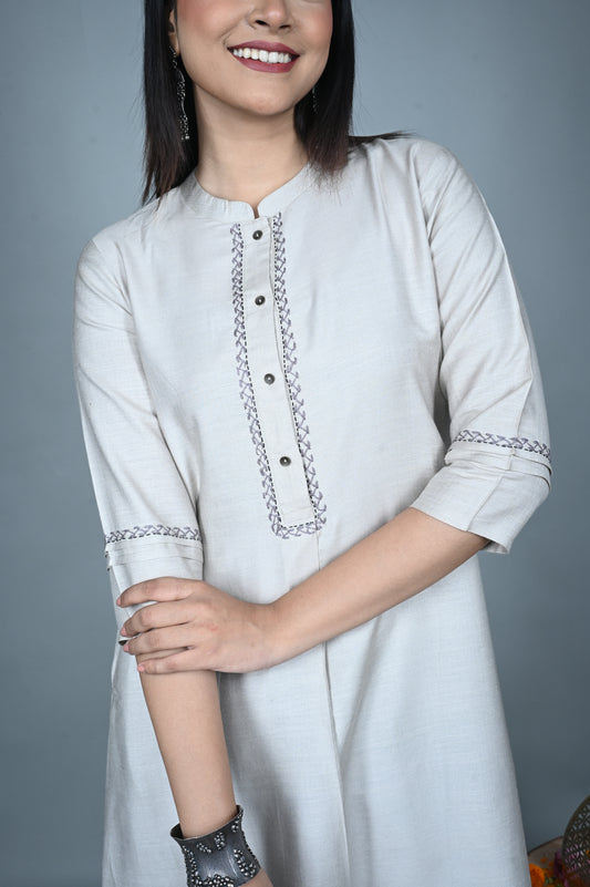 Ivory Silk Slub A-Line Kurta with Hand Embroidery and Black Silk Slub Pants Co-ord Set (set of 2)