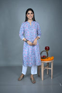 Blue Hand Block Print Hand Embroidered Collar Kurta