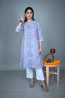 Blue Hand Block Print Hand Embroidered Collar Kurta