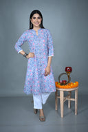 Blue Hand Block Print Hand Embroidered Collar Kurta
