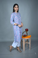 Blue Hand Block Print Hand Embroidered Collar Kurta
