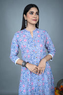 Blue Hand Block Print Hand Embroidered Collar Kurta