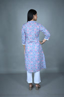 Blue Hand Block Print Hand Embroidered Collar Kurta