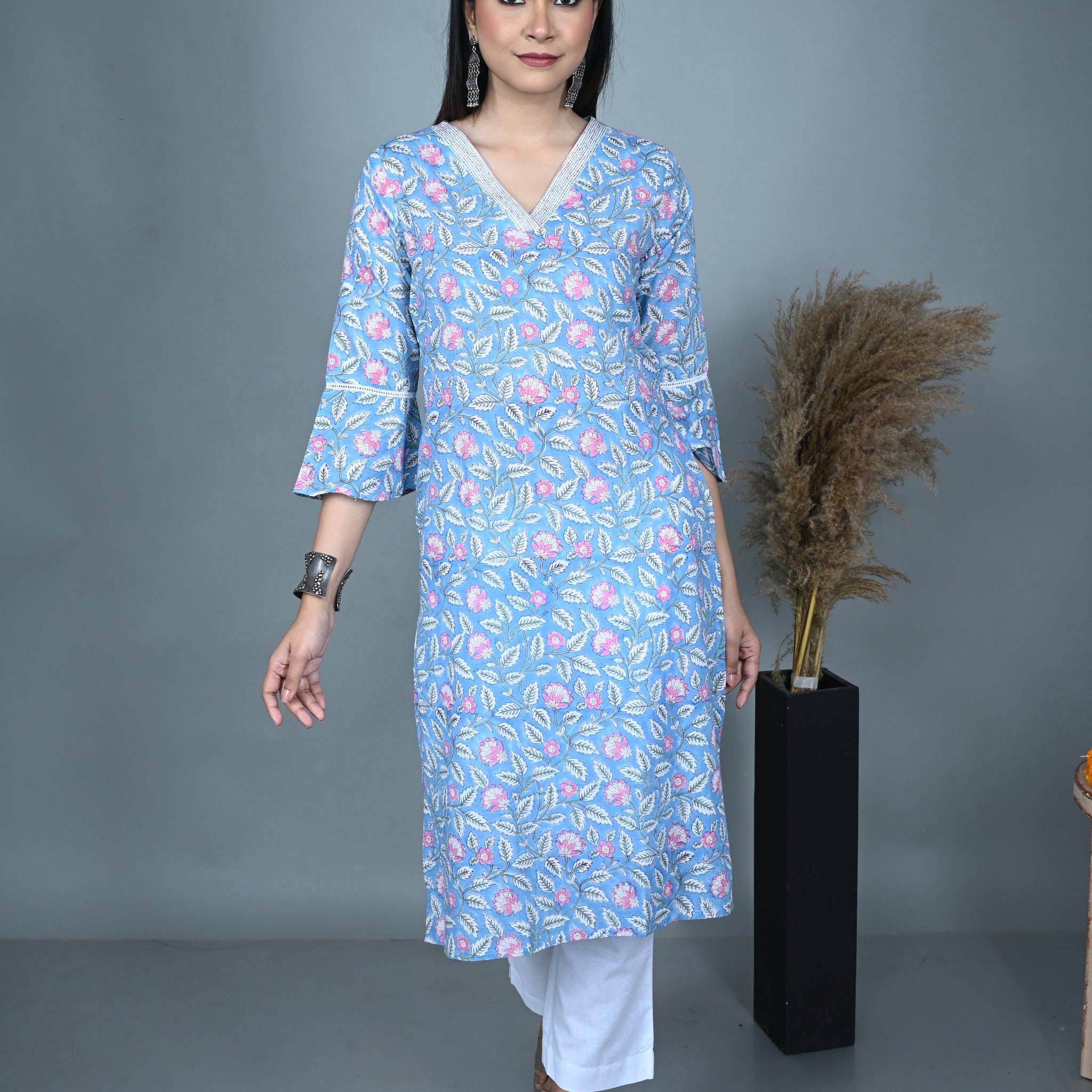 Blue Block Printed Straight Kurta with Hand Embroidery on Neckline