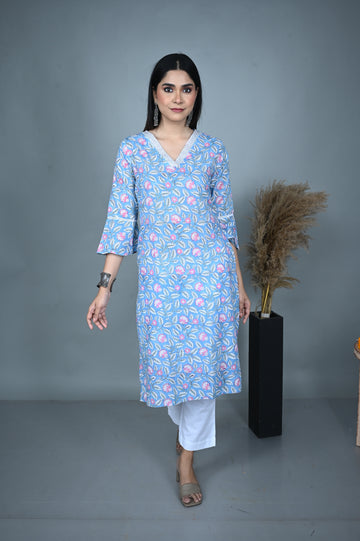 Blue Block Printed Straight Kurta with Hand Embroidery on Neckline