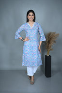 Blue Hand Block Print Cotton V- Neck Kurta with Hand Embroidery