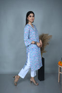 Blue Hand Block Print Cotton V- Neck Kurta with Hand Embroidery