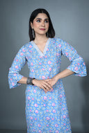 Blue Hand Block Print Cotton V- Neck Kurta with Hand Embroidery