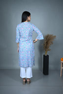 Blue Hand Block Print Cotton V- Neck Kurta with Hand Embroidery
