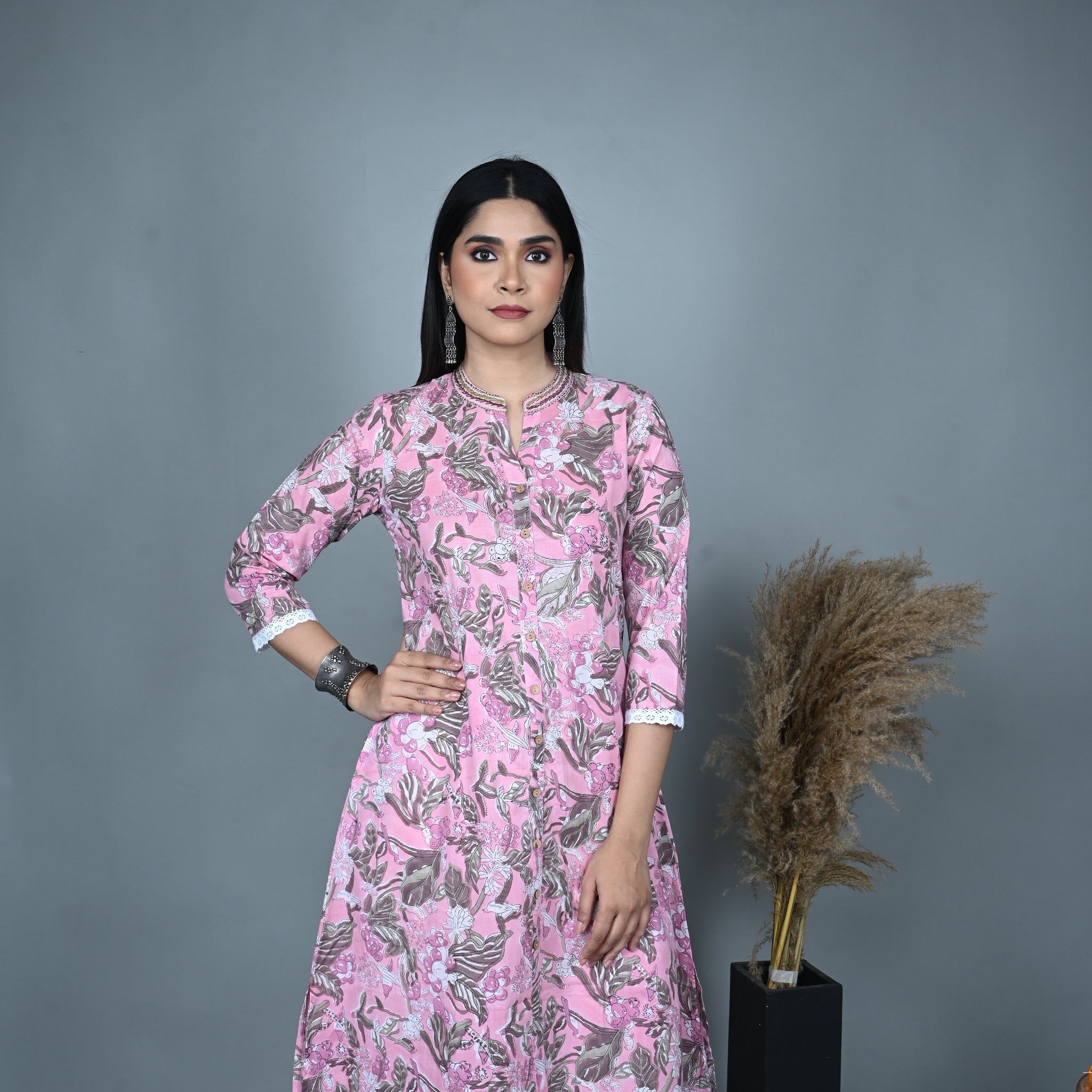 Pink Floral Block Printed A-line Kurta with Hand Embroidered Collar