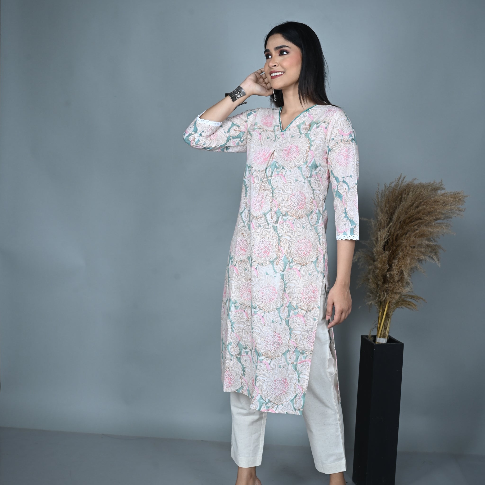 Green Floral Block Printed Kurta with Hand Embroidery on Neckline
