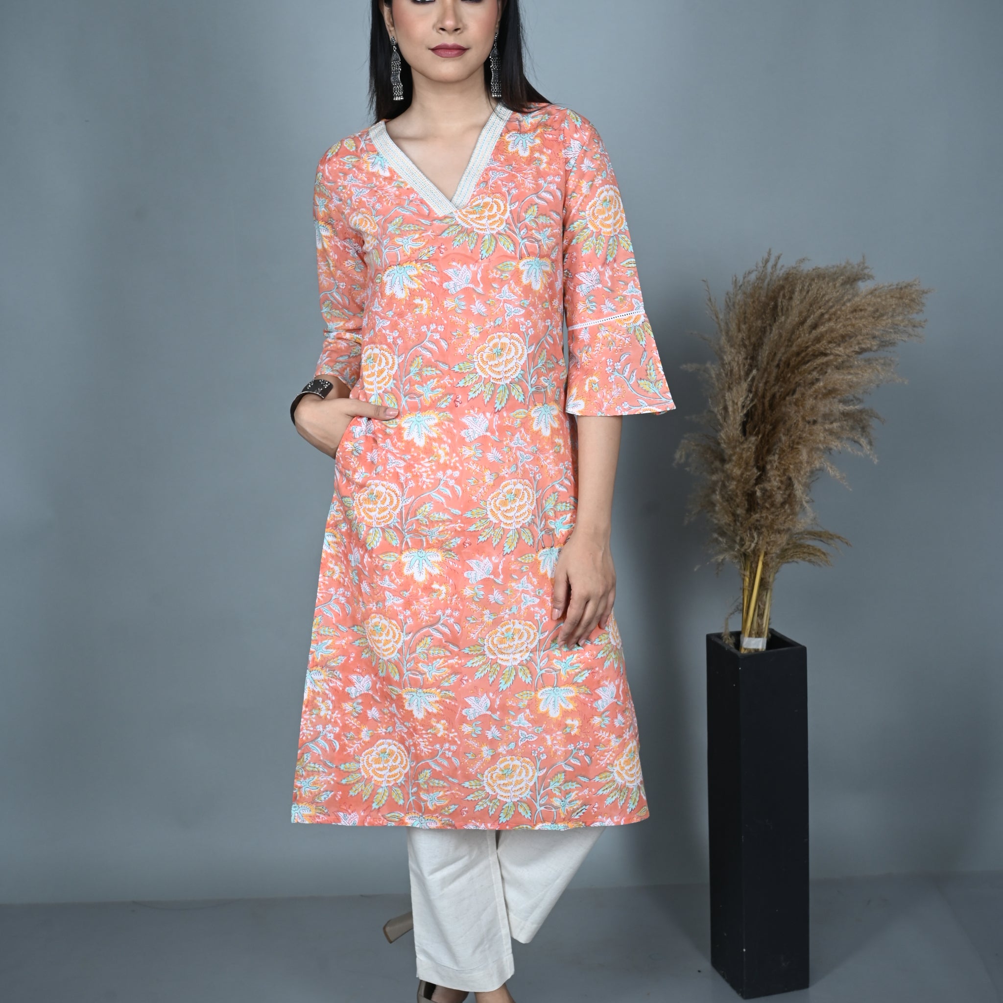 Coral Block Printed Straight Kurta with Hand Embroidery on Neckline
