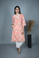 Coral Hand Block Print Cotton V-Neck Kurta with Hand Embroidery