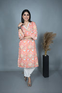 Coral Hand Block Print Cotton V-Neck Kurta with Hand Embroidery