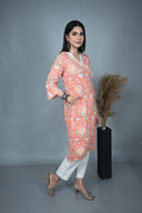Coral Hand Block Print Cotton V-Neck Kurta with Hand Embroidery