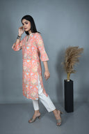 Coral Hand Block Print Cotton V-Neck Kurta with Hand Embroidery