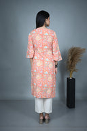 Coral Hand Block Print Cotton V-Neck Kurta with Hand Embroidery